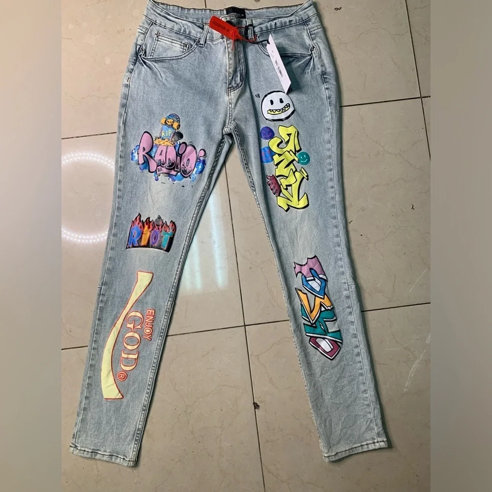 Sz 34 Light Blue Graphic Patch Jeans cooper 9